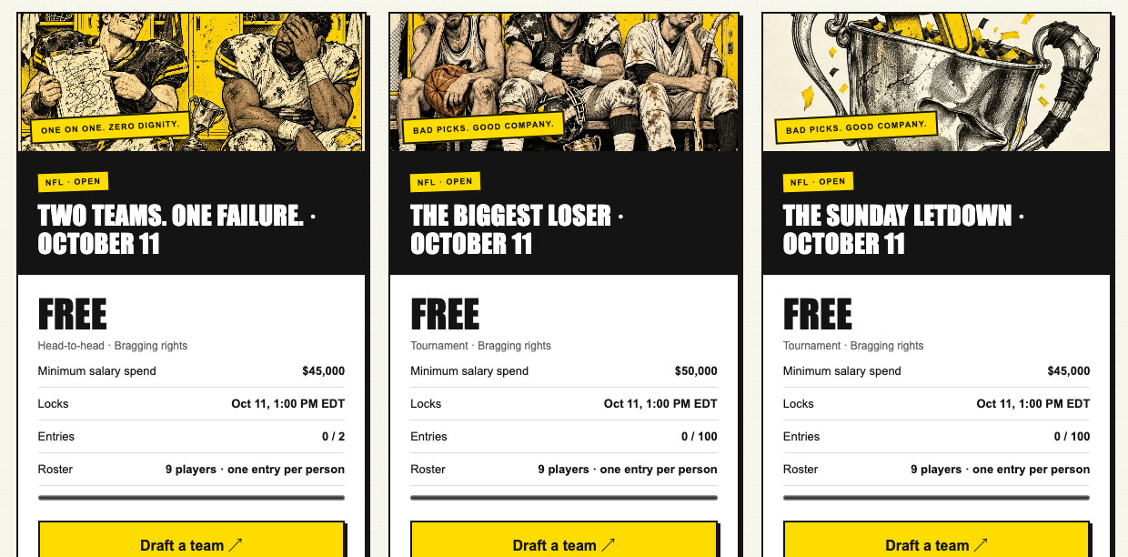 Fantasy Failure contest lobby with three free NFL contests